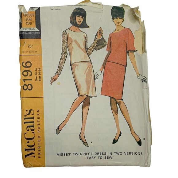 Vintage 60s McCalls 8196 Pattern Misses 10-18 Two Piece Mod Dress Uncut Easy Sew - Picture 1 of 4
